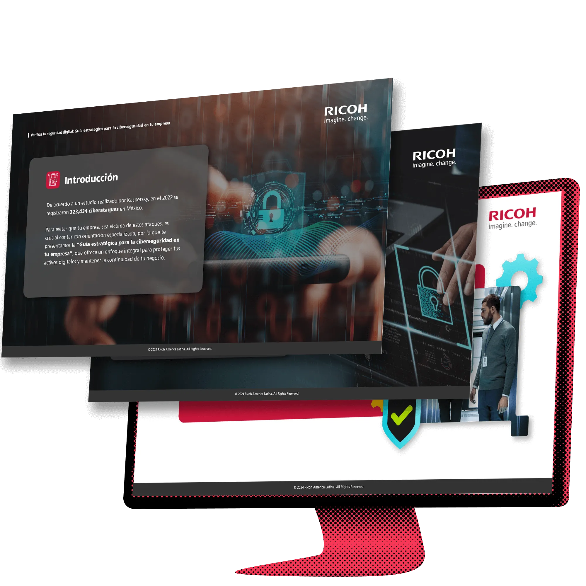 Materiales digitales de la estrategia de Ricoh México en computadora y dispositivos