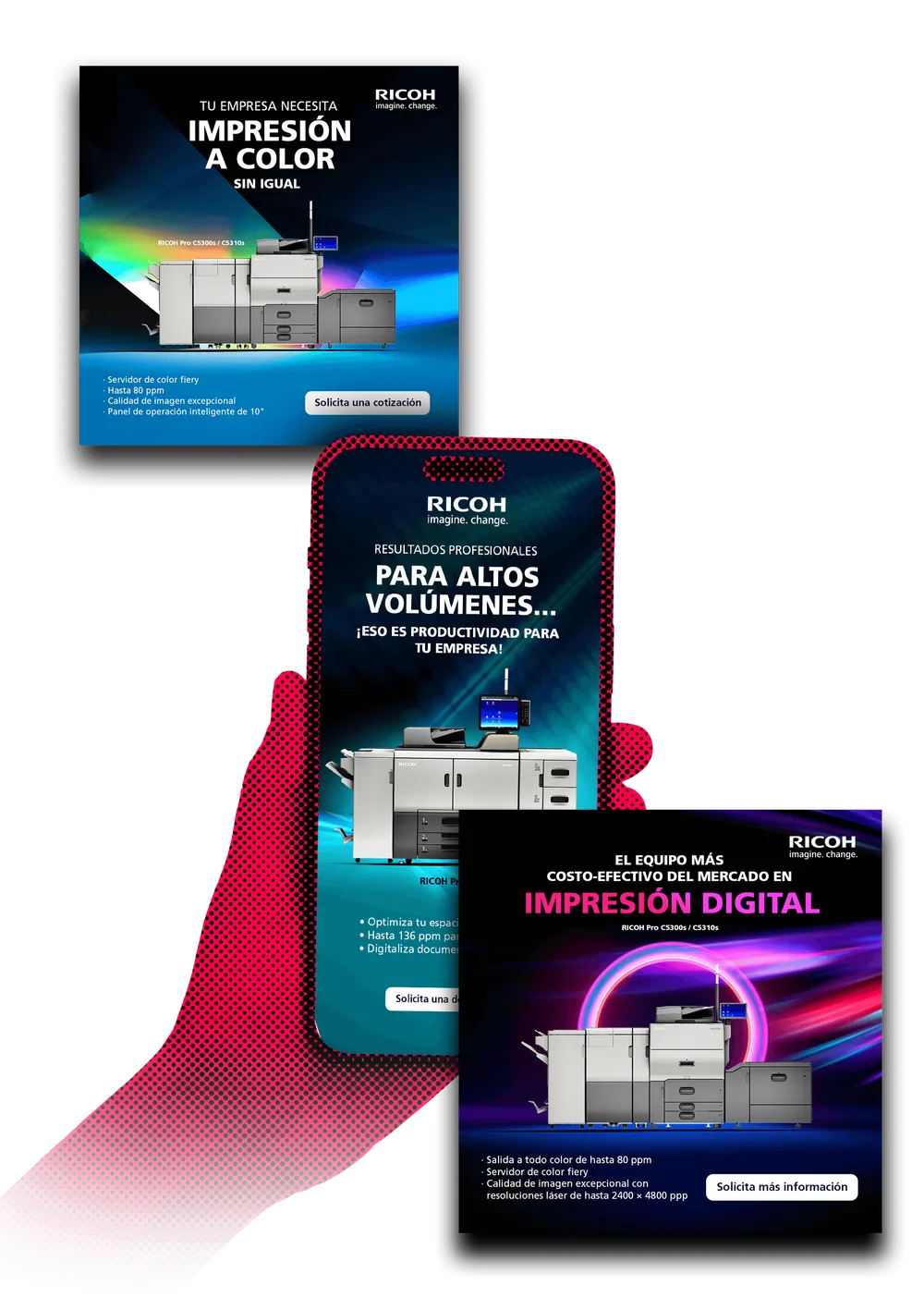 Anuncios de Ricoh México en celular: impresión a color, altos volúmenes e impresión digital