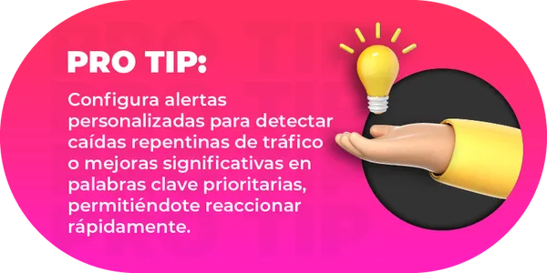 Configura alertas personalizadas para detectar caídas repentinas de tráfico o mejoras significativas en palabras clave prioritarias, permitiéndote reaccionar rápidamente.